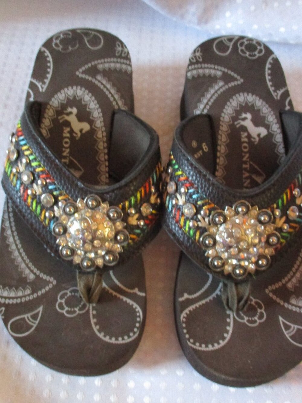Montana West Rhinestone Studded Embroidered Embellished Wedge Flip Flops Sz. 6